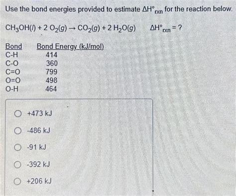 Solved Use the bond energies provided to estimate ΔH rxn Chegg