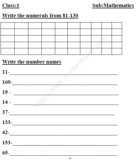 Cbse Class 1 Mathematics Sample Paper Set A