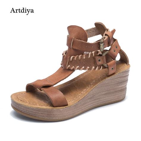 Artdiya Original Genuine Leather Women Sandals Summer New Handmade Platform Wedges Heels High