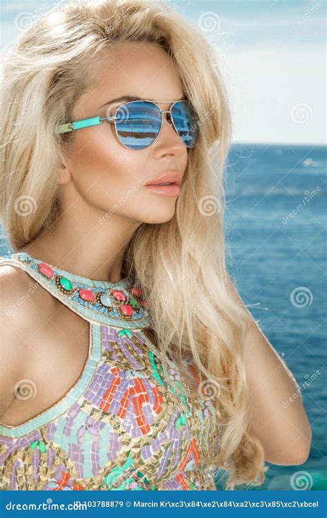 Portrait Beauty Stunning Blonde Model With Perfect Face Wearing A Sunglasses Stock Image Image