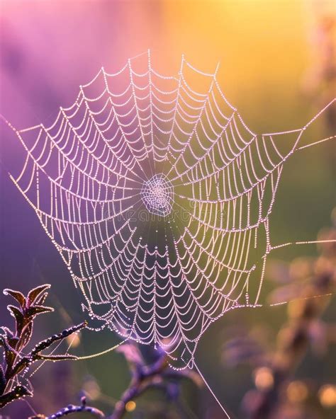 Spider Web With Dew Drops At Sunrise Beautiful Nature Background