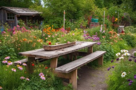 A Rustic Picnic Table Surrounded By Blooming Garden In Full Bloom Stock