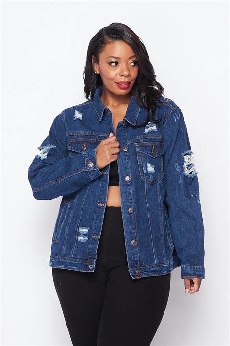 Plus Size Distressed Denim Jacket Dark Wash