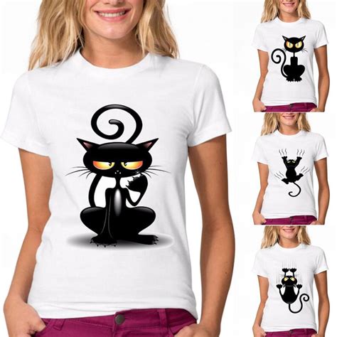 Cartoon Muster 3d Druck Schwarze Katze Kurzen Ärmeln T Shirt Günstig