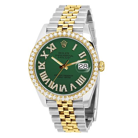 Two Tone Rolex Datejust 41mm Green Roman Numerals Dial Diamond Bezel For Men S00211