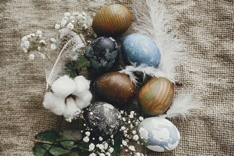 Premium Photo Stylish Easter Eggs In Rustic Nest With Feathers On