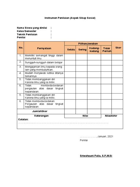 Instrumen Penilaian Aspek Sikap Sosial Pdf