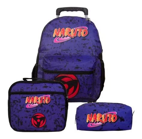 Mochila Masculina Escolar Rodinha Naruto Lancheira E Estojo