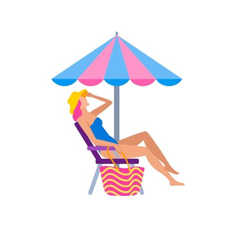 Mädchen beim Sonnenbaden am Strand Charakter im flachen Stil Frau im Bikini und Hut sitzt auf