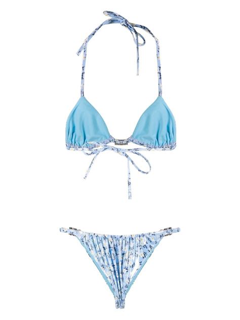 Alessandra Rich Floral Print Laminated Bikini In Blue Modesens