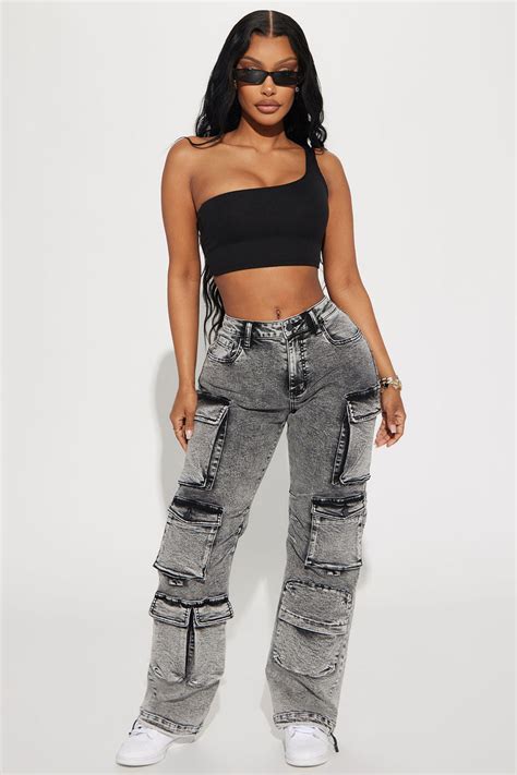 Fairfax High Rise Stretch Cargo Jeans Acid Wash Grey Fashion Nova