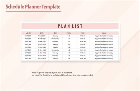 Schedule Planner Template in Excel, Google Sheets - Download | Template.net