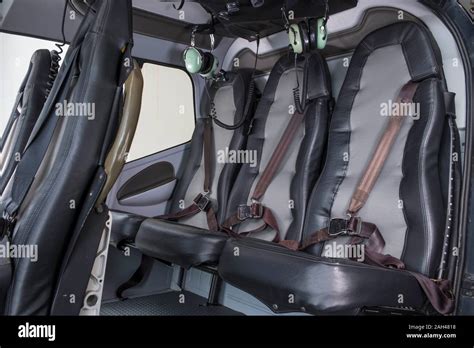 Helicopter Interior Safety Belts And Seats For Passengers Of Eurocopter Luxury Helicopter Stock