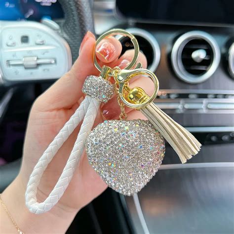 Bling Rhinestone Heart Shape Keychains Glitter Crystal Heart Tassel