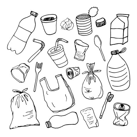 Hand Drawn Doodle Stop Plastic Pollution Icons Set Vector Illustration