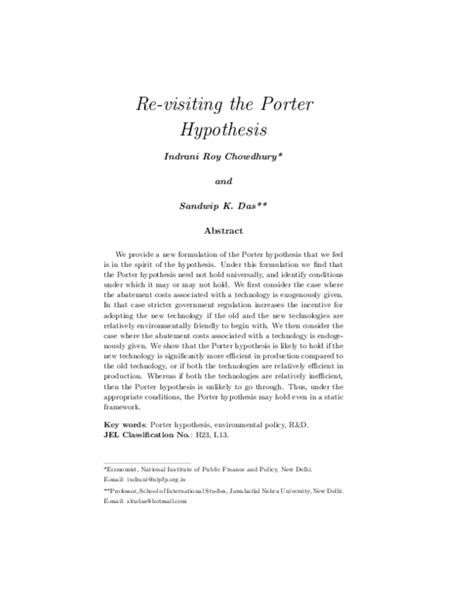 (PDF) Re-visiting the Porter Hypothesis | Indrani Roy chowdhury ...