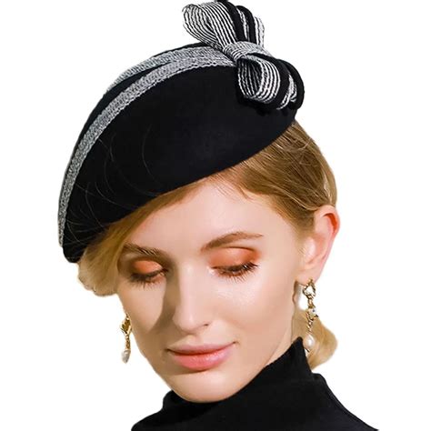 Fs Fascinator Church Hats Women Elegant Black Wool Felt Pillbox Hat For