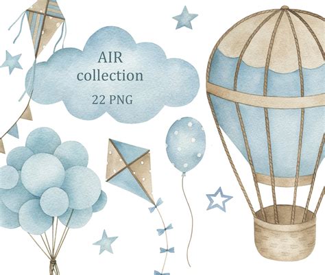 Air Collection Watercolor Hot Air Balloons Clipart Nursery Wall Decor Baby Boy Digital