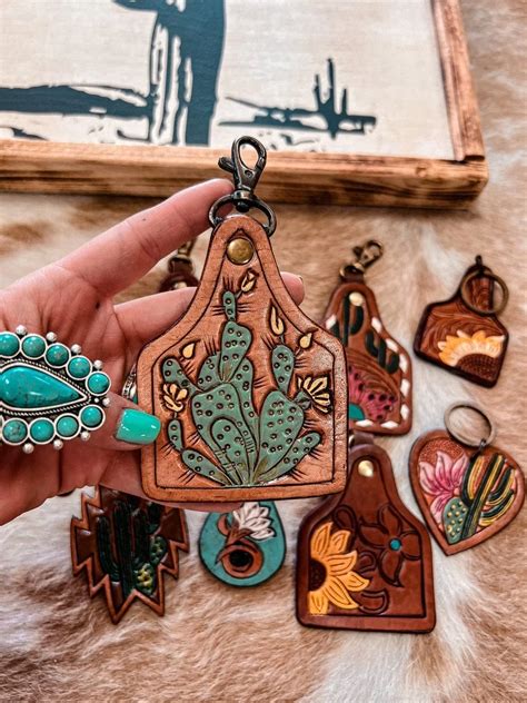 Beautiful Hand Tooled Leather Keychain With Cowgirl Wild West Patterns And Aztec Accents Floral