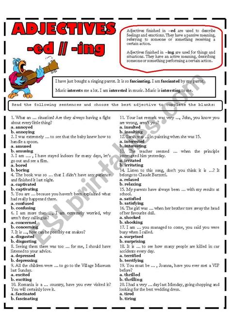 Adjectives Ed Ing Exercises