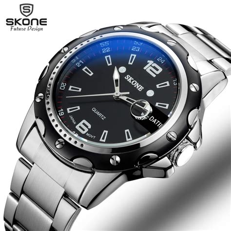 Skone Auto Date Silver Watches Men Luxury Brand Steel Band Quartz Movt ...