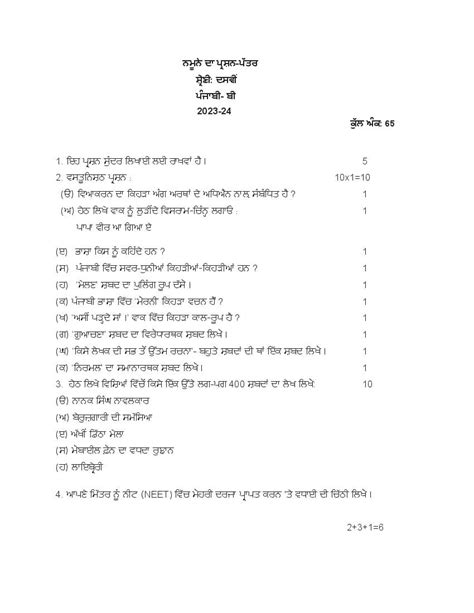 PSEB 10th Punjabi B Sample Paper 2024 (PDF)