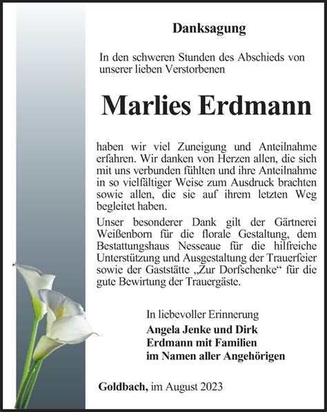 Traueranzeigen Von Marlies Erdmann Trauer In Thueringen De