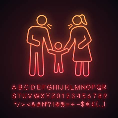 Eltern, die das Neonlichtsymbol des Kindes schimpfen. Mutter und Vater