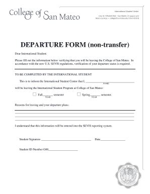 Fillable Online Collegeofsanmateo DEPARTURE FORM Non Transfer