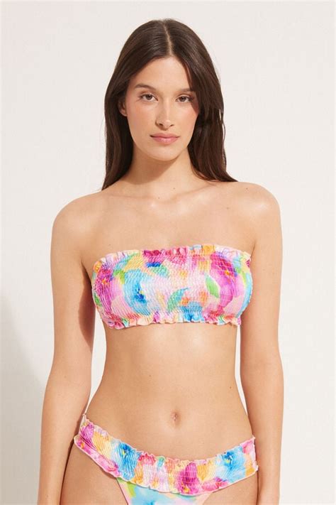 Top De Bikini Bandeau Con Relleno Extra Ble Y Estampado Floral Bandeau Y Sin Tirantes Mujer