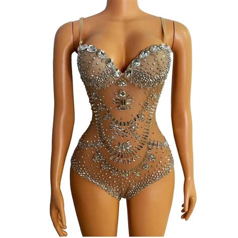 Nude Shining Rhinestone Crystal Spaghetti Strap Bodysuits For Women Nightclub DJ Clothing Prom