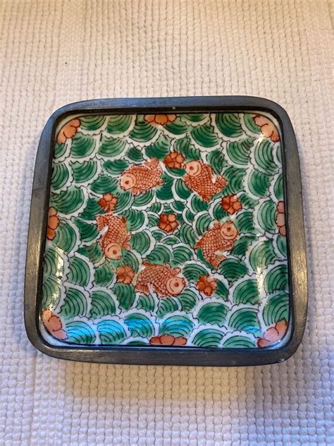 Vintage Japanese Porcelain Koi Fish Dish Set In Pewter Etsy