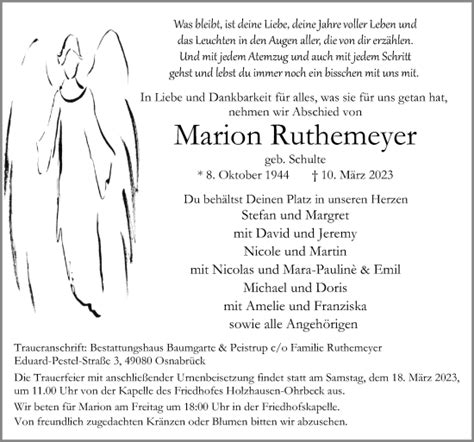 Traueranzeigen Von Marion Ruthemeyer Noz Trauerportal