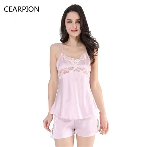 Cearpion Women Sleeping Wear Summer Sexy Pajama Sets Lace Trim Satin