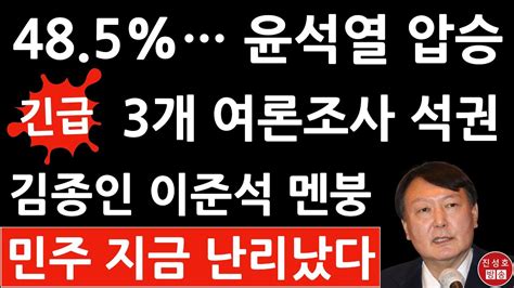 긴급 윤석열 방금 3개 여론조사 모두 압승 이재명 벌벌 김종인 이준석 멘붕 국민의힘 난리났다 진성호의 직설