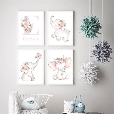 Set Of 3 Elephant Prints Nursery Decor Girl Floral Elephant Nursery