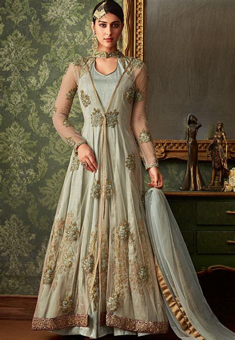 Grey Shade Silk Net Long Embroidered Jacket Style Anarkali Suit 7105