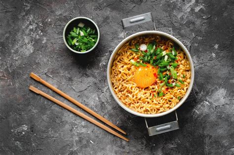 Korean Style Instant Noodles Shin Ramyeon Or Ramyun With Egg Scallion