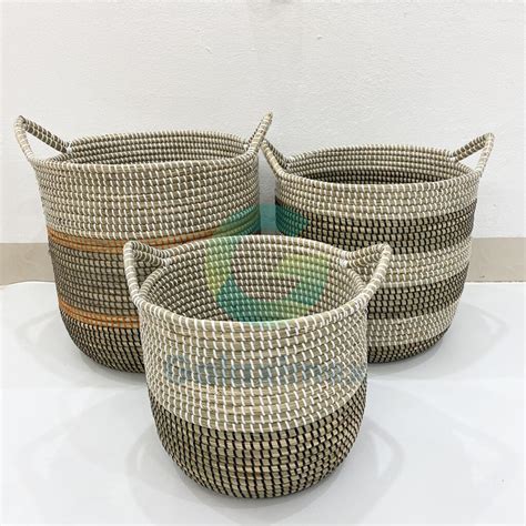 Black White Seagrass Storage Basket With Handles Galaximex