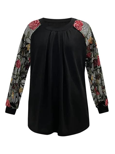 Plus Size Floral Pattern Mesh Splicing Top Casual Crew Neck Temu Portugal