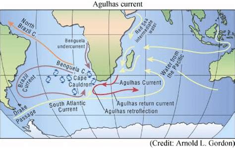 Map showing the Agulhas Current flowing along the southern coast of ...