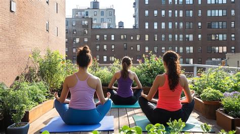 Three Women Practice Yoga On A Rooftop Garden Premium Ai Generated Image