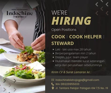 Lowongan Kerja Cook Cook Helper Steward Di Indochine Bistro