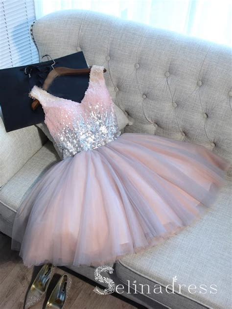 V Neck Cute Homecoming Dresses With Sequins Pink Juniors Short Prom Dr