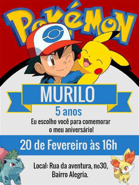 Convite Pokemon Edite grátis nosso editor online