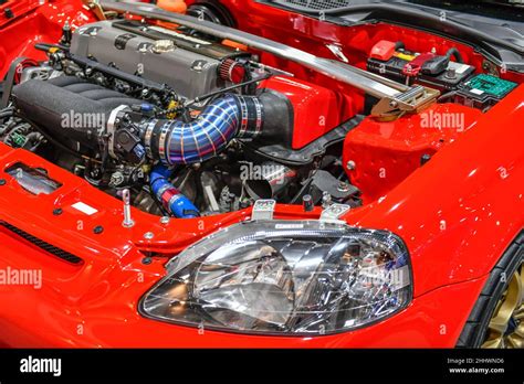 Details Of Red Car Engine Modification Of The Turbo Engine Stock Photo