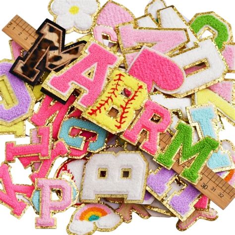 26 Pieces Letter Patches Iron On Chenille Gold Glitter Border Sticker