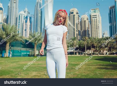 Sexy Blonde Woman White Tshirt Stands Stock Photo 736722724 Shutterstock