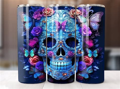 D Skull Tumbler Wrap Florals And Butterflies Oz Skinny Tumbler