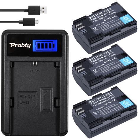 Probty 3Pcs 2650mAh LP E6 LPE6 LP E6 Battery LCD USB Charger For